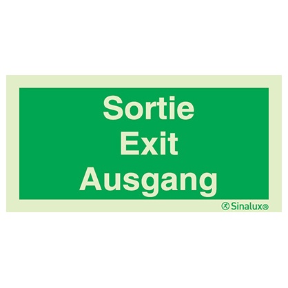 Signalisation drapeau, évacuation (texte) – « Sortie - Exit - Ausgang », PVC photoluminescent