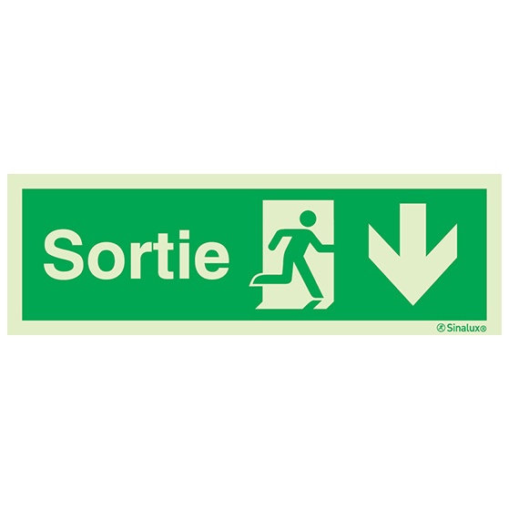 Signalisation une face, évacuation ISO 7010 – flèche bas + texte Sortie, PVC photoluminescent