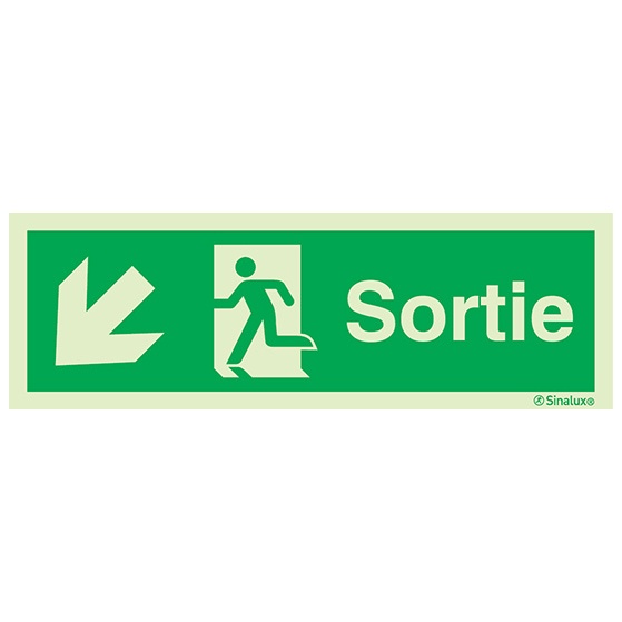 Signalisation drapeau, évacuation ISO 7010 – flèche bas gauche + texte Sortie, PVC photoluminescent