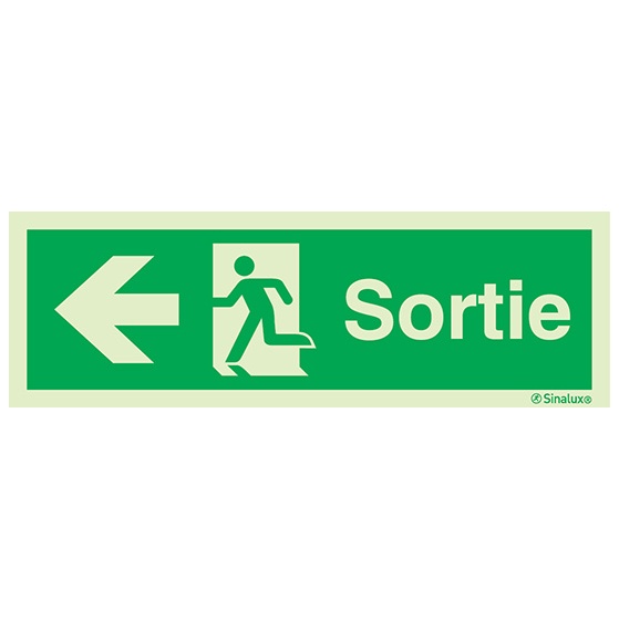 Signalisation drapeau, évacuation ISO 7010 – flèche gauche + texte Sortie, PVC photoluminescent