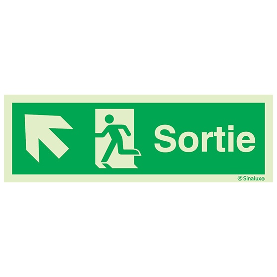 Signalisation à suspendre, évacuation ISO 7010 – flèche haut gauche + texte Sortie, PVC photoluminescent