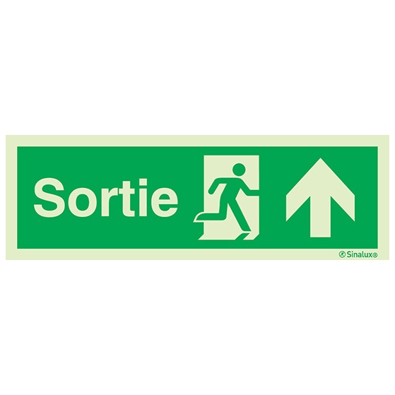 Signalisation une face, évacuation ISO 7010 – flèche haut + texte Sortie, PVC photoluminescent