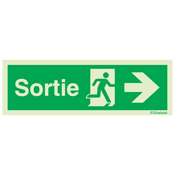 Signalisation drapeau, évacuation ISO 7010 – flèche droite + texte Sortie, PVC photoluminescent