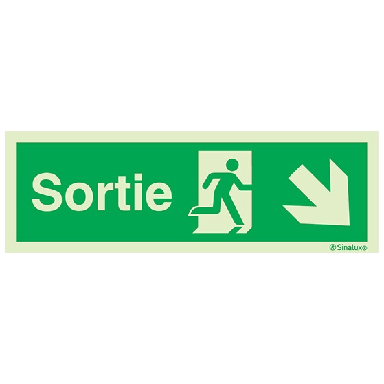 Signalisation drapeau, évacuation ISO 7010 – flèche bas droite + texte Sortie, PVC photoluminescent