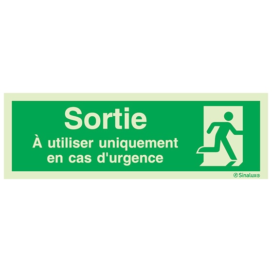 [F0159F30103ETFR] Signalisation à suspendre, évacuation ISO 7010 – bonhomme droite + texte « À utiliser uniquement en cas d’urgence », PVC photoluminescent (300x100)