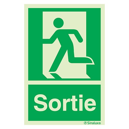 Signalisation une face, évacuation ISO 7010 – bonhomme gauche + texte Sortie, PVC photoluminescent