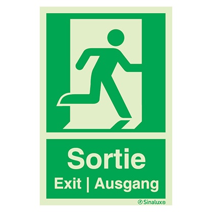Signalisation une face, évacuation ISO 7010 – bonhomme droite + texte « Sortie - Exit - Ausgang », PVC photoluminescent