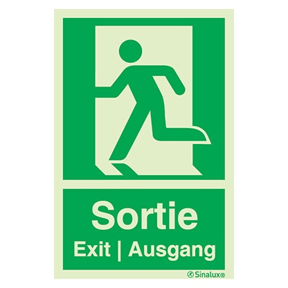 Signalisation une face, évacuation ISO 7010 – bonhomme gauche + texte « Sortie - Exit - Ausgang », PVC photoluminescent