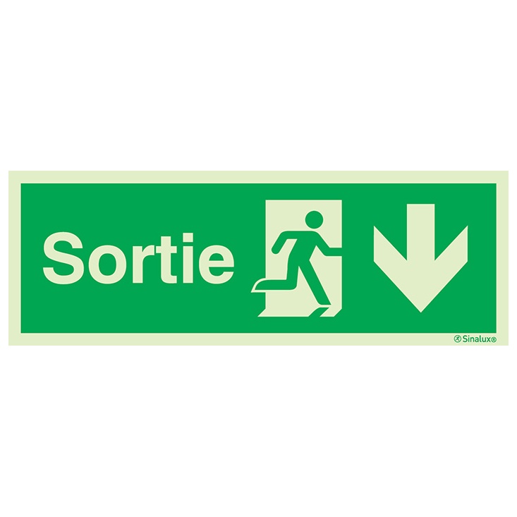 Signalisation une face, évacuation ISO 7010 grandes superficies – flèche bas + texte Sortie, PVC photoluminescent