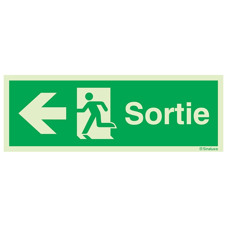 Signalisation une face, évacuation ISO 7010 grandes superficies – flèche gauche + texte Sortie, PVC photoluminescent