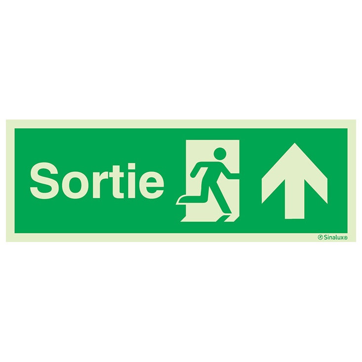 [F0193F12401ETFR] Signalisation une face, évacuation ISO 7010 grandes superficies – flèche haut + texte Sortie, PVC photoluminescent (1200x400)