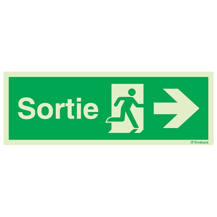 Signalisation drapeau, évacuation ISO 7010 grandes superficies – flèche droite + texte Sortie, PVC photoluminescent