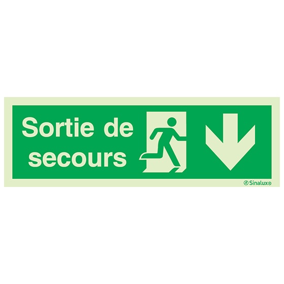 [F0201F30103ETFR] Signalisation à suspendre, évacuation ISO 7010 – flèche bas + texte Sortie de secours, PVC photoluminescent (300x100)