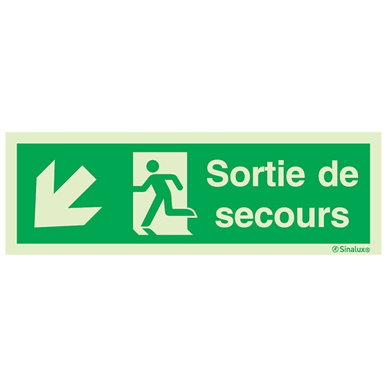 Signalisation une face, évacuation ISO 7010 – flèche bas gauche + texte Sortie de secours, PVC photoluminescent