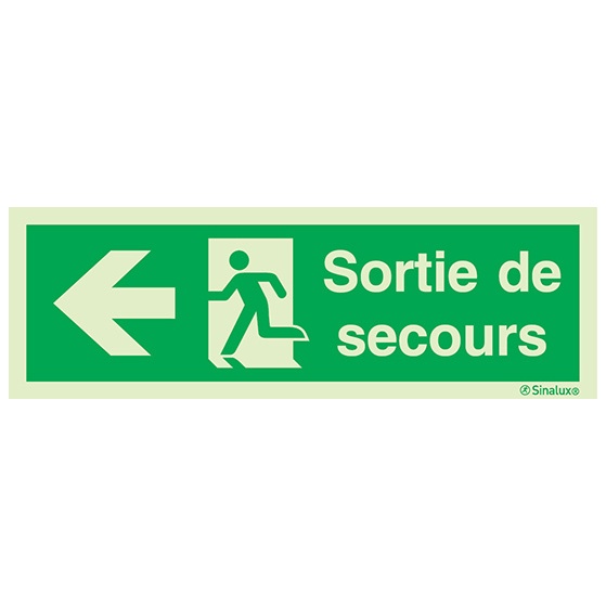 Signalisation une face, évacuation ISO 7010 – flèche gauche + texte Sortie de secours, PVC photoluminescent