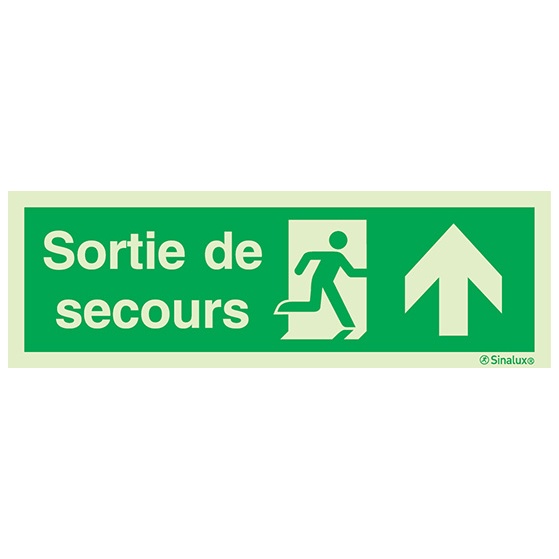 Signalisation à suspendre, évacuation ISO 7010 – flèche haut + texte Sortie de secours, PVC photoluminescent