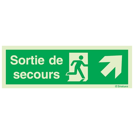 Signalisation drapeau, évacuation ISO 7010 – flèche haut droite + texte Sortie de secours, PVC photoluminescent