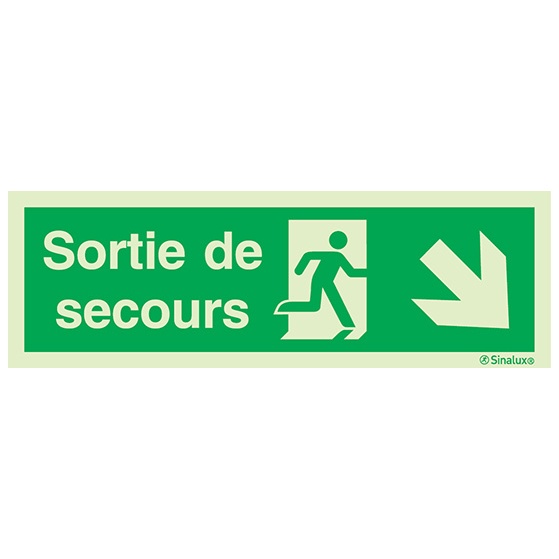 Signalisation à suspendre, évacuation ISO 7010 – flèche bas droite + texte Sortie de secours, PVC photoluminescent