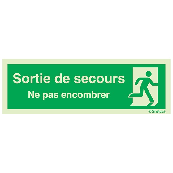 Signalisation à suspendre, évacuation ISO 7010 – bonhomme droite + texte « Sortie de secours – Ne pas encombrer », PVC photoluminescent