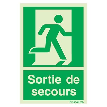 Signalisation une face, évacuation ISO 7010 – bonhomme droite + texte Sortie de secours, PVC photoluminescent