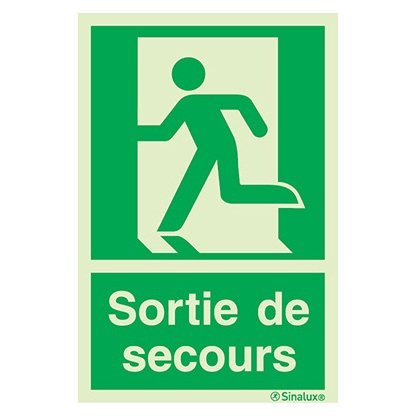 Signalisation à suspendre, évacuation ISO 7010 – bonhomme gauche + texte Sortie de secours, PVC photoluminescent