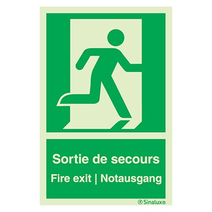 [F0225F15203ETFR] Signalisation à suspendre, évacuation ISO 7010 – bonhomme droite + texte « Sortie de secours - Fire exit - Notausgang », PVC photoluminescent (150x200)