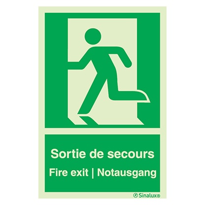 [F0226F15202ETFR] Signalisation drapeau, évacuation ISO 7010 – bonhomme gauche + texte « Sortie de secours - Fire exit - Notausgang », PVC photoluminescent (150x200)