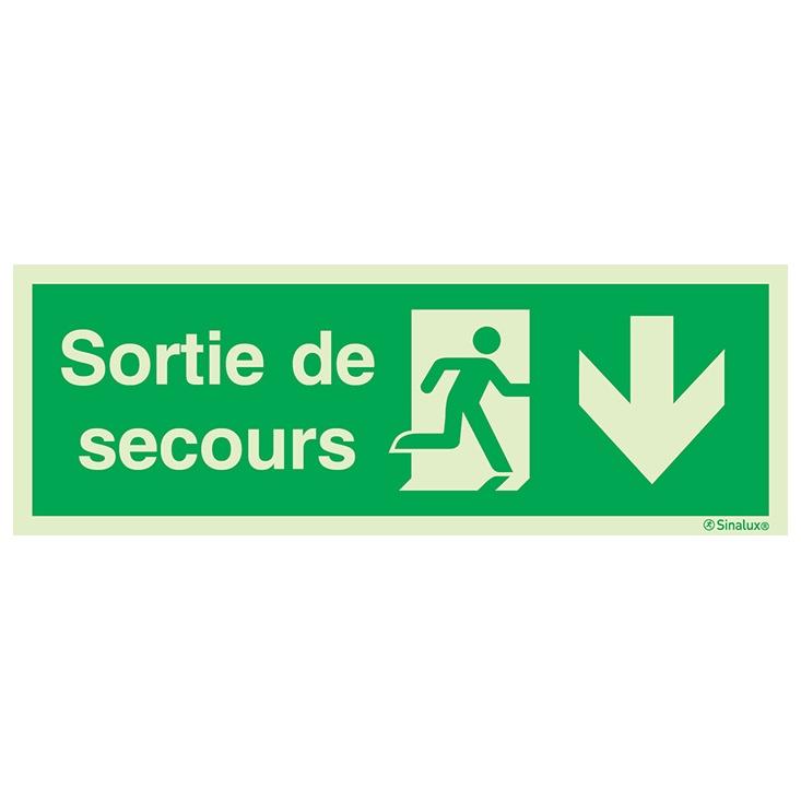 Signalisation drapeau, évacuation ISO 7010 grandes superficies – flèche bas + texte Sortie de secours, PVC photoluminescent