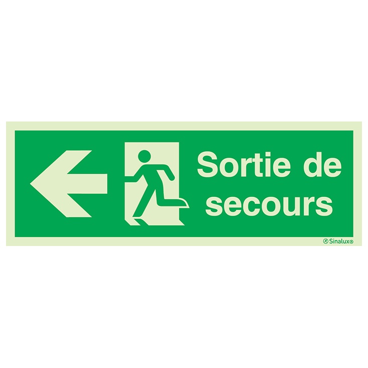 Signalisation à suspendre, évacuation ISO 7010 grandes superficies – flèche gauche + texte Sortie de secours, PVC photoluminescent