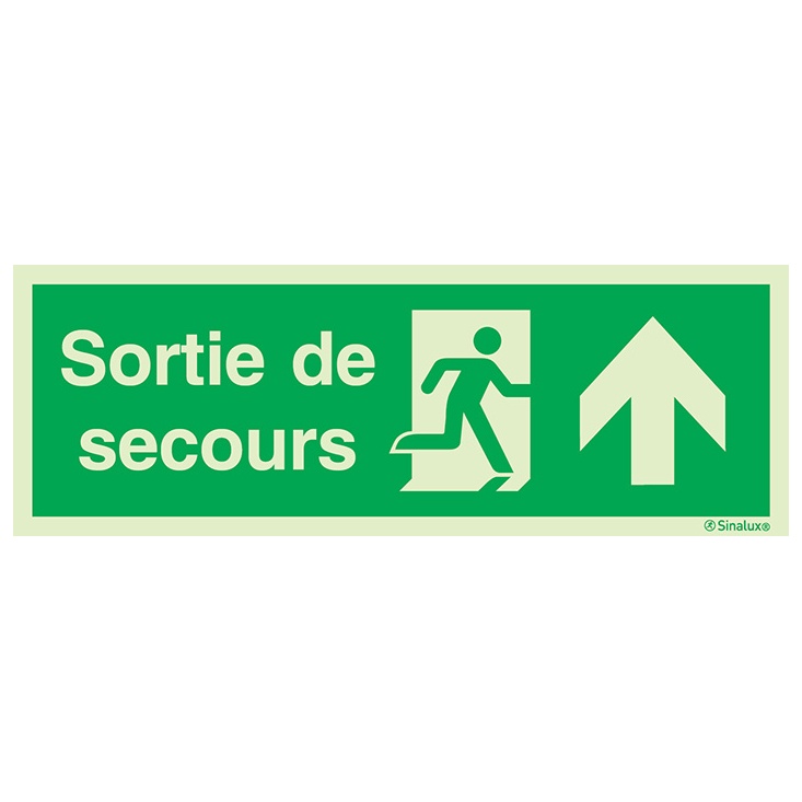 [F0233F12402ETFR] Signalisation drapeau, évacuation ISO 7010 grandes superficies – flèche haut + texte Sortie de secours, PVC photoluminescent (1200x400)