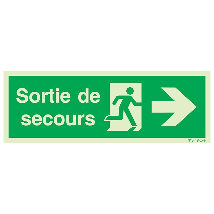 Signalisation à suspendre, évacuation ISO 7010 grandes superficies – flèche droite + texte Sortie de secours, PVC photoluminescent