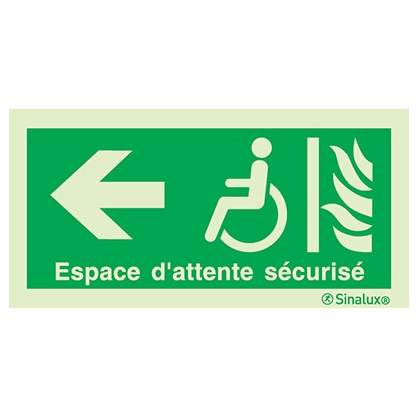 Signalisation drapeau, espace d’attente sécurisé (texte) – flèche gauche, PVC photoluminescent