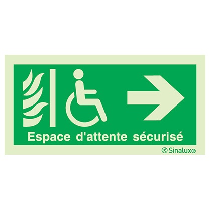 Signalisation drapeau, espace d’attente sécurisé (texte) – flèche droite, PVC photoluminescent