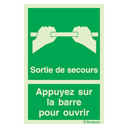 Signalisation une face, ouverture porte (texte) – « Sortie de secours / Appuyez sur la barre pour ouvrir », PVC photoluminescent