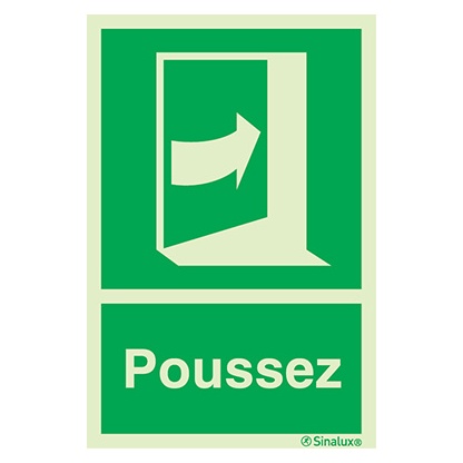 Signalisation une face, ouverture porte (texte) – « Poussez » gauche, PVC photoluminescent