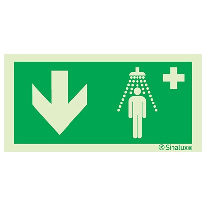 [F0777F20102EQFR] Signalisation drapeau, douche de sécurité – flèche bas, PVC photoluminescent (200x100)