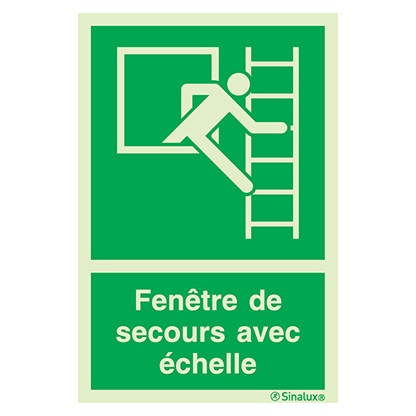 Signalisation drapeau, fenêtre de secours – échelle à droite (texte), PVC photoluminescent