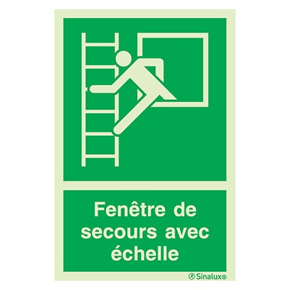 Signalisation drapeau, fenêtre de secours – échelle à gauche (texte), PVC photoluminescent