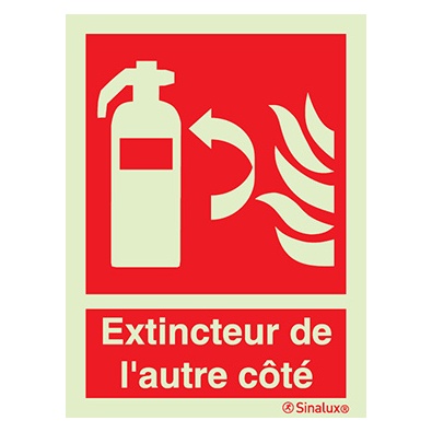 [F1023F15203FEFR] Signalisation à suspendre, extincteur de l’autre côté avec texte (ISO 7010), PVC photoluminescent (150x200)