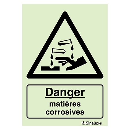 Signalisation une face, matières corrosives – avec texte, PVC photoluminescent