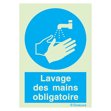[F3651F15201OBFR] Signalisation une face, lavage des mains obligatoire – avec texte, PVC photoluminescent (150x200)