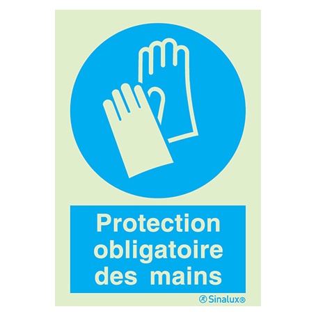Signalisation une face, protection des mains obligatoire – avec texte, PVC photoluminescent