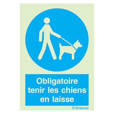 [F3660F15201OBFR] Signalisation une face, tenir les chiens en laisse – avec texte, PVC photoluminescent (150x200)
