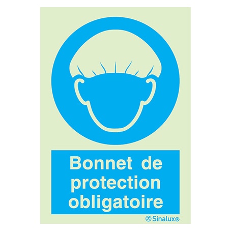 Signalisation une face, bonnet de protection obligatoire – avec texte, PVC photoluminescent