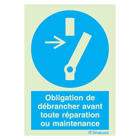 Signalisation une face, débrancher avant maintenance – avec texte, PVC photoluminescent