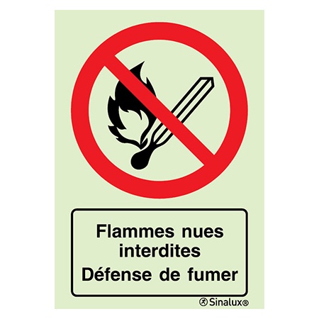 [F4051F15201POFR] Signalisation une face, flammes nues interdites / défense de fumer – avec texte, PVC photoluminescent (150x200)