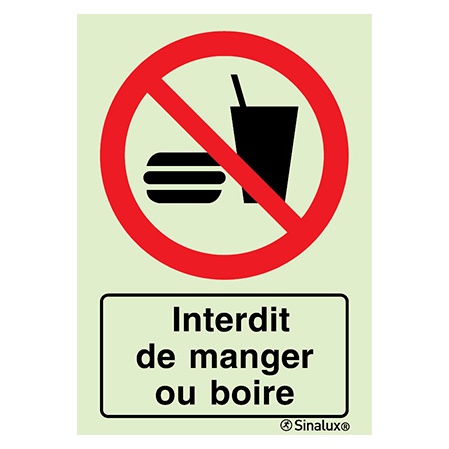 Signalisation une face, interdiction de manger ou boire – avec texte, PVC photoluminescent